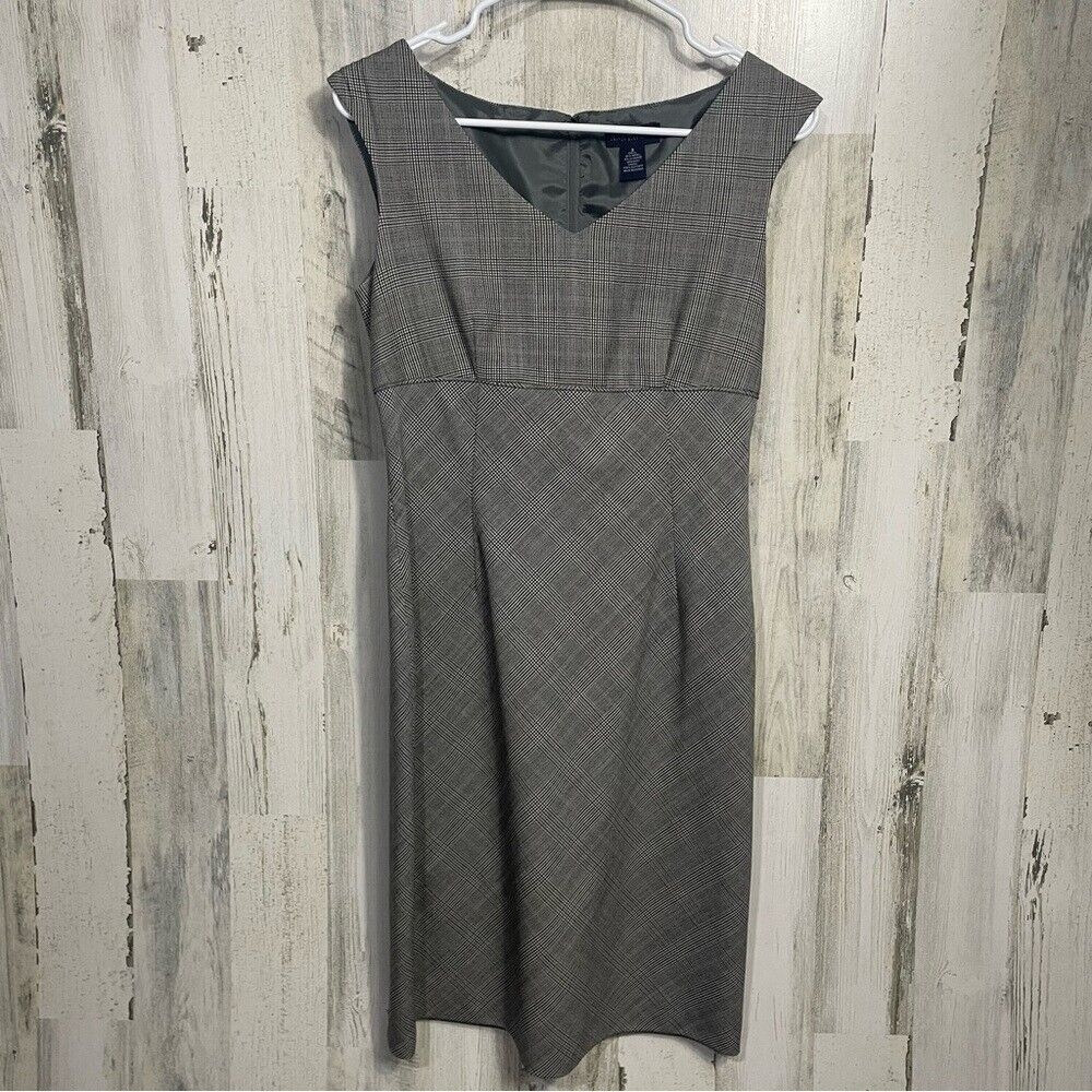 Ann Taylor Vintage SleevelessV Neck Micro Houndstooth Wool Dress Gray size 2